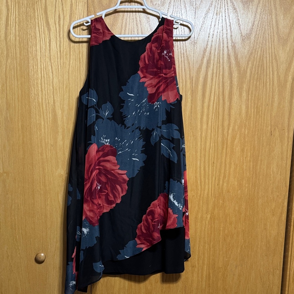 SLNY Asymmetrical Dress - Black and Red Floral